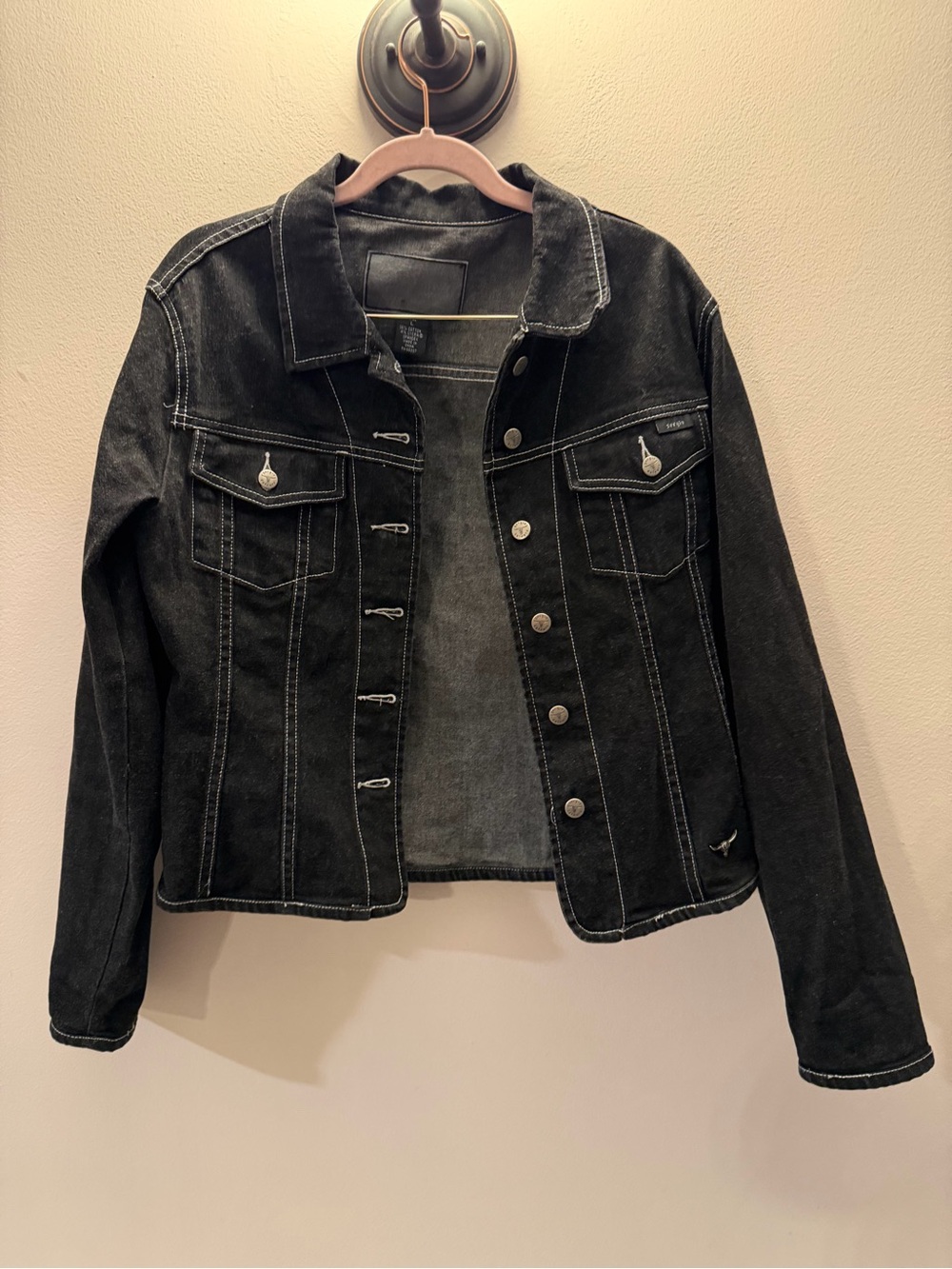 Sergio Valente Black Denim Jacket Womens Large White Contrast Stitch Y2K